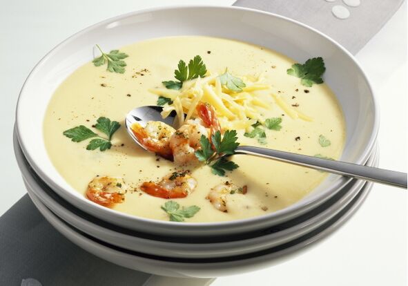 Lunch on a Mediterranean diet might include cream cheese and seafood soup. 